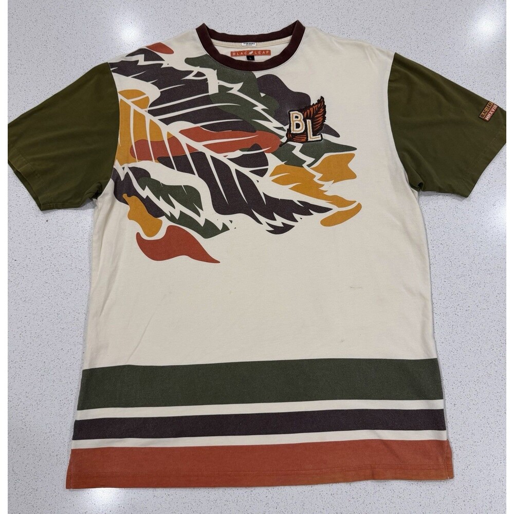 Blac Leaf Men's Cream/Olive Green Short Sleeve T Shirt Size L 100% Cotton